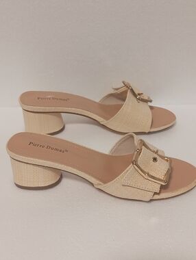Pierre Dumas Beige Textured Buckle Block Heel Mules Sandals